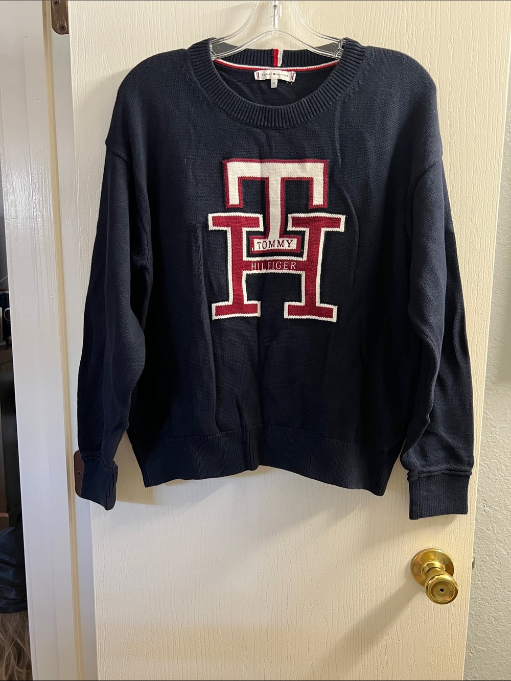 Tommy Hilfiger Navy Crewneck Sweater with Red & White Logo